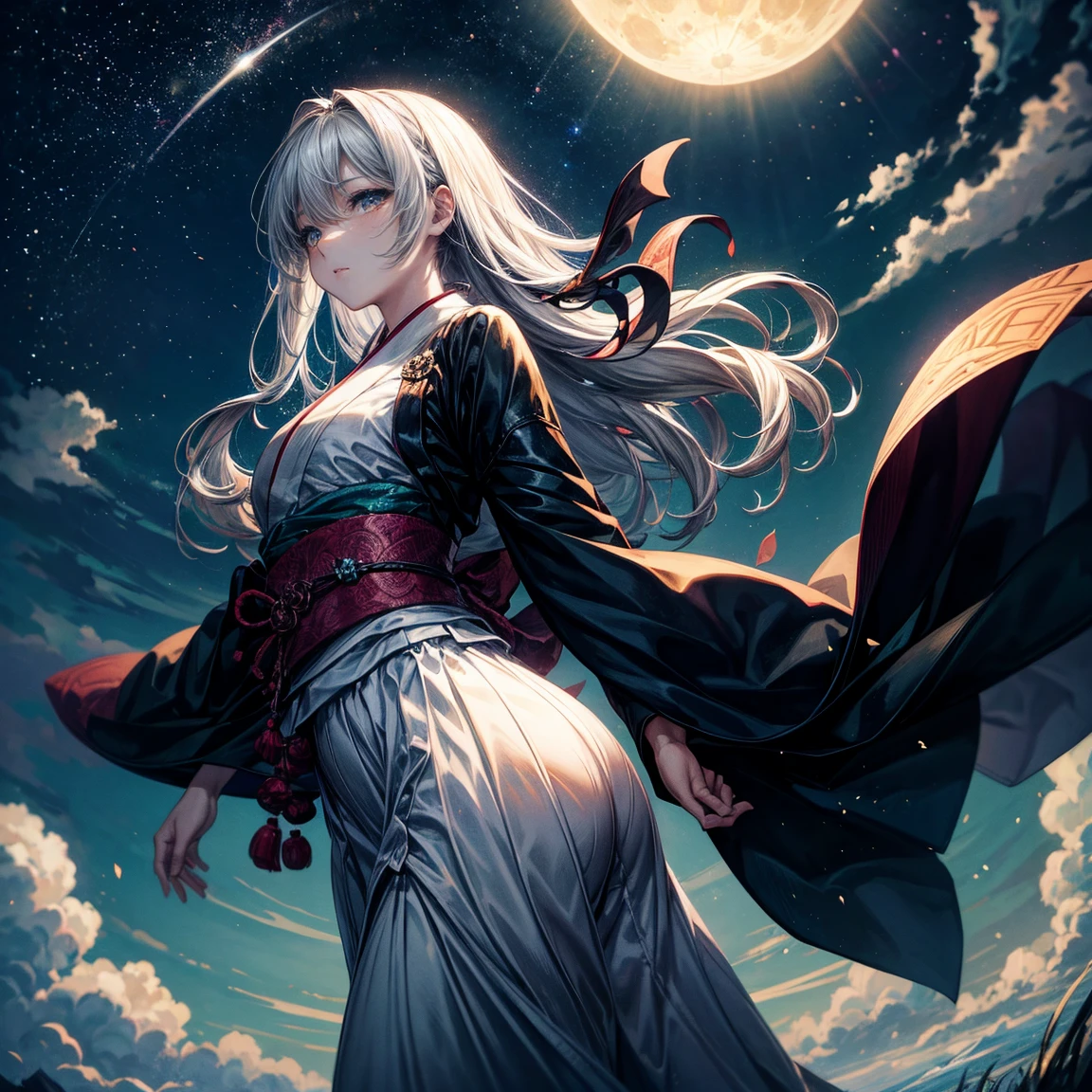 Create an illustration with a serene night sky featuring a bright full moon and black clouds. The clouds should have a traditional Japanese or Chinese style, with intricate patterns and curves. The scene should capture the moment when the clouds are parting, revealing more of the moon and stars, symbolizing the clouds clearing away. The overall atmosphere should be calm and mystical, with the clouds appearing to slowly dissipate. No one exists.