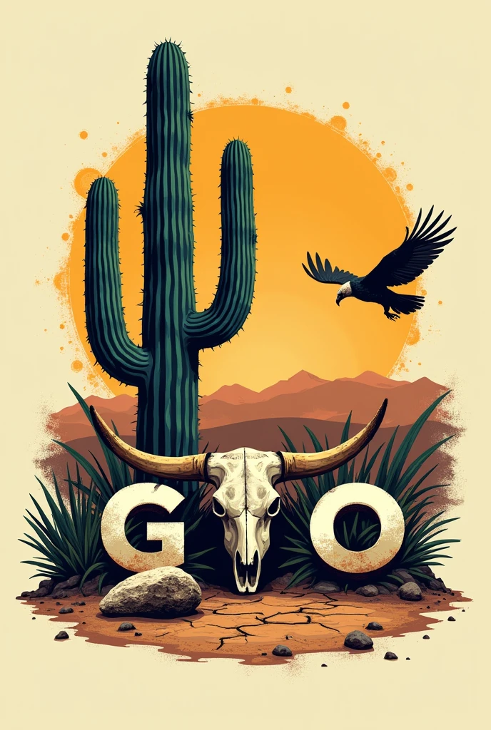 Logo with the name GTO in the center with a cactus behind it, a cattle skull next to the cactus and a vulture flying in the sky, the dry and cracked soil of drought, and a bright sun in the sky.