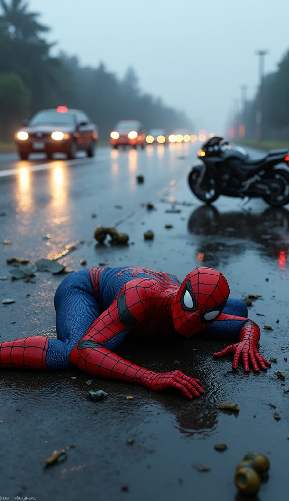 It appears to be an image of Spider-Man lying on the ground next to a crashed motorcycle in the middle of a highway. The scene seems to depict a moment after an accident, with debris scattered across the road and traffic in the background. The setting looks dramatic, with overcast skies and a wet road, adding to the intensity of the scene.