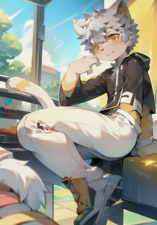 White male cat,boys,cute,Q version,Silver Hair,Detailed background,,Golden Eyes,Racing,Driver,Wear a helmet,倚靠在Racing旁,Racing特写
