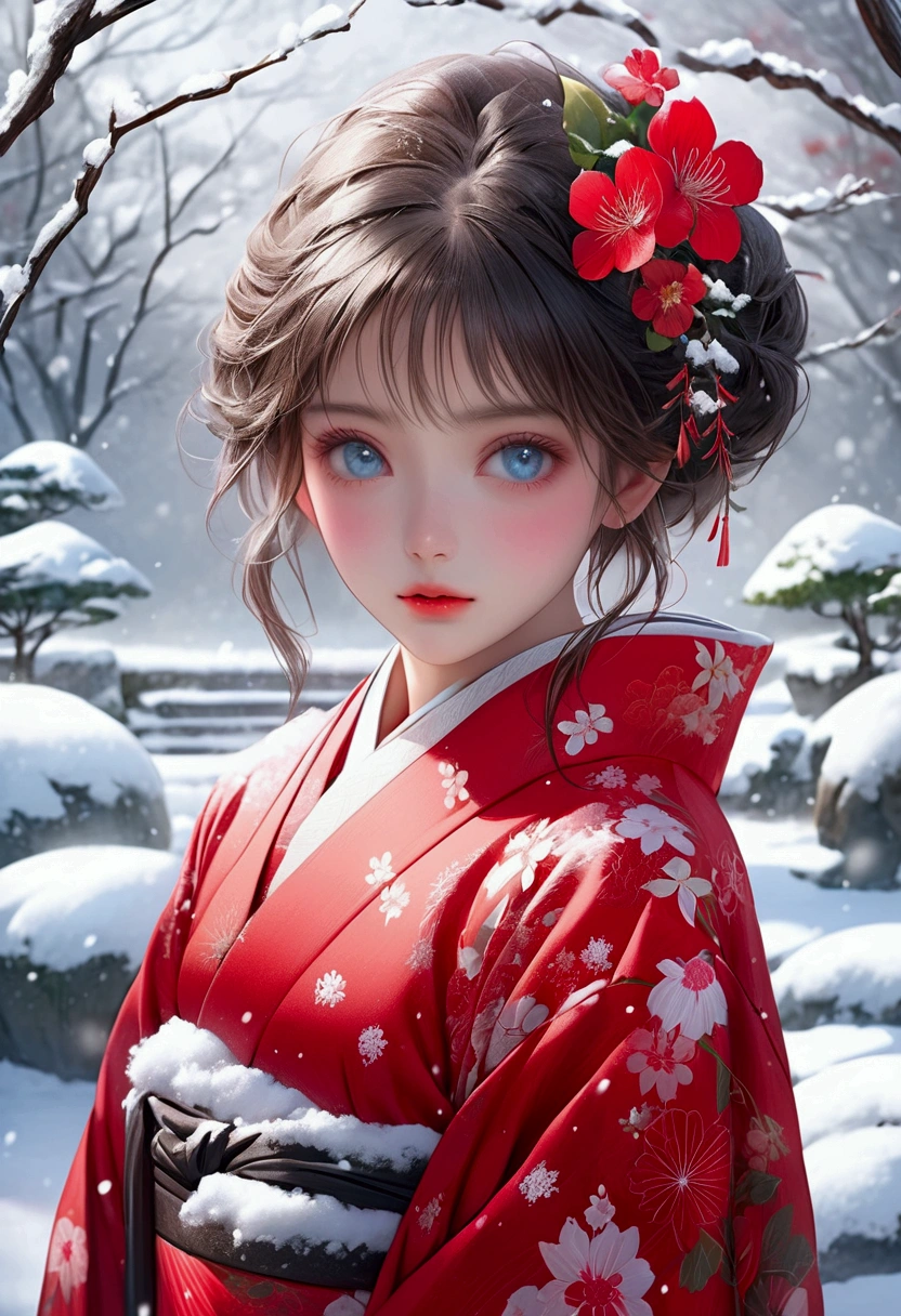 a beautiful cute littlegirl in vibrant red  kimono with flower pattern, surrounded by deep falling snow in a serene snowy Japanese garden, 4k, 8k, highres, masterpiece, ultra-detailed, realistic, photorealistic, vivid colors, fantasy, detailed face, long eyelashes, detailed eyes, detailed lips, elegant, graceful pose
