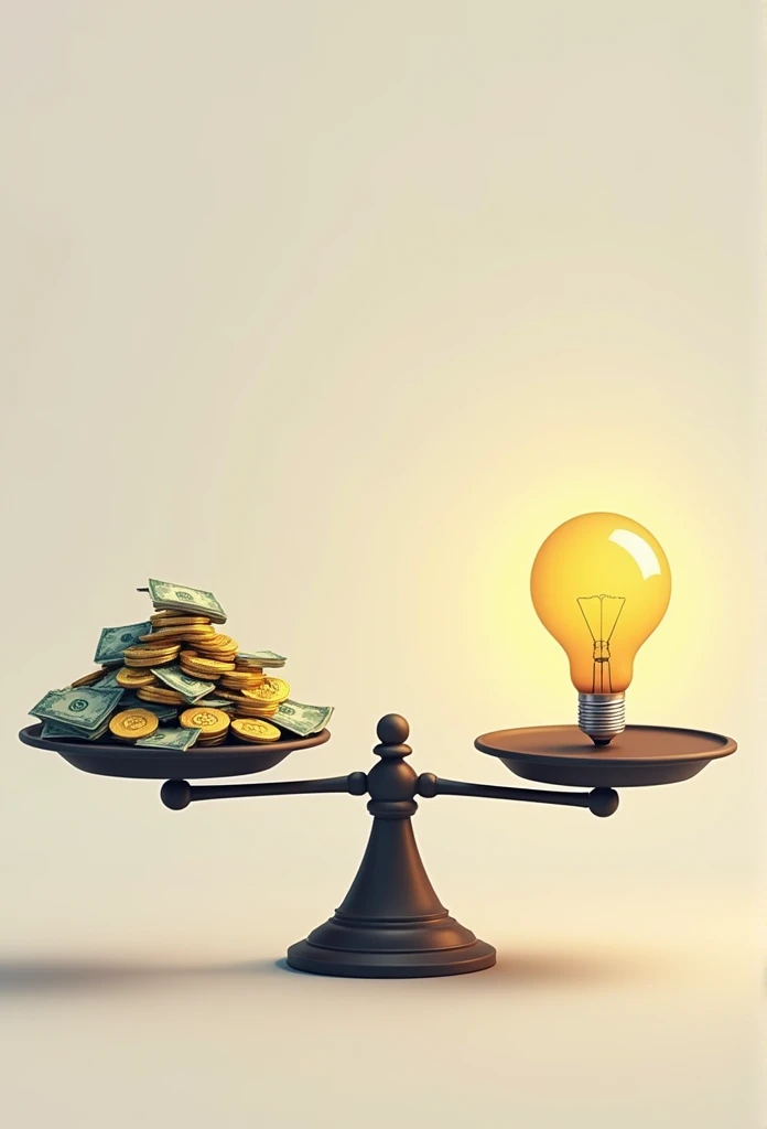 Visualize a scale, with money on one side and a bright light bulb on the other, tipping towards the light bulb, symbolizing the greater value of wisdom over wealth.