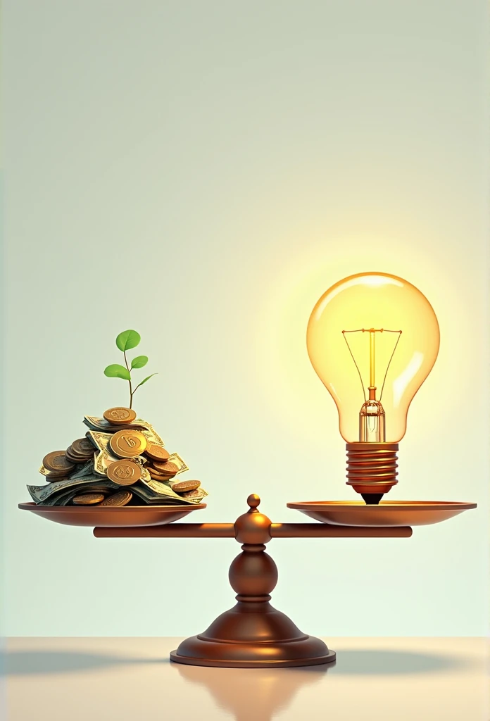 Visualize a scale, with money on one side and a bright light bulb on the other, tipping towards the light bulb, symbolizing the greater value of wisdom over wealth.