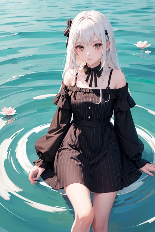 Girl wearing a black striped flared dress,white haired cutie, several petals on the lake behind