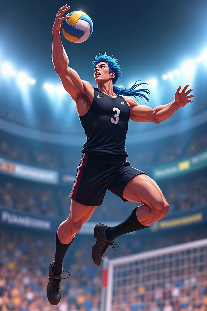 Create a male volleyball player with blue uniform long hair and black