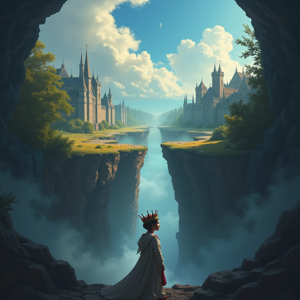 PUT A CHILD IN THE CENTER WITH A CROWN AND A KINGDOM DIVIDED BETWEEN PEACE AND DARKNESS