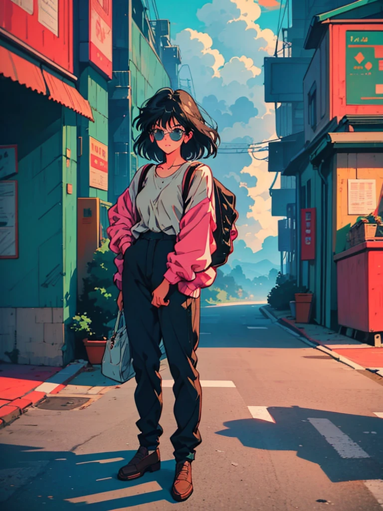 anime girl with backpack looking at city from grassy hill, makoto shinkai cyril rolando, makoto shinkai!, makoto shinkai art style, in style of makoto shinkai, makoto shinkai!!, makoto shinkai style, style of makoto shinkai, studio glibly makoto shinkai, ( ( makoto shinkai ) ),retro sunglasses, Hawaii, gta vice style , illustration , reteo comic illustration, (((full body)))