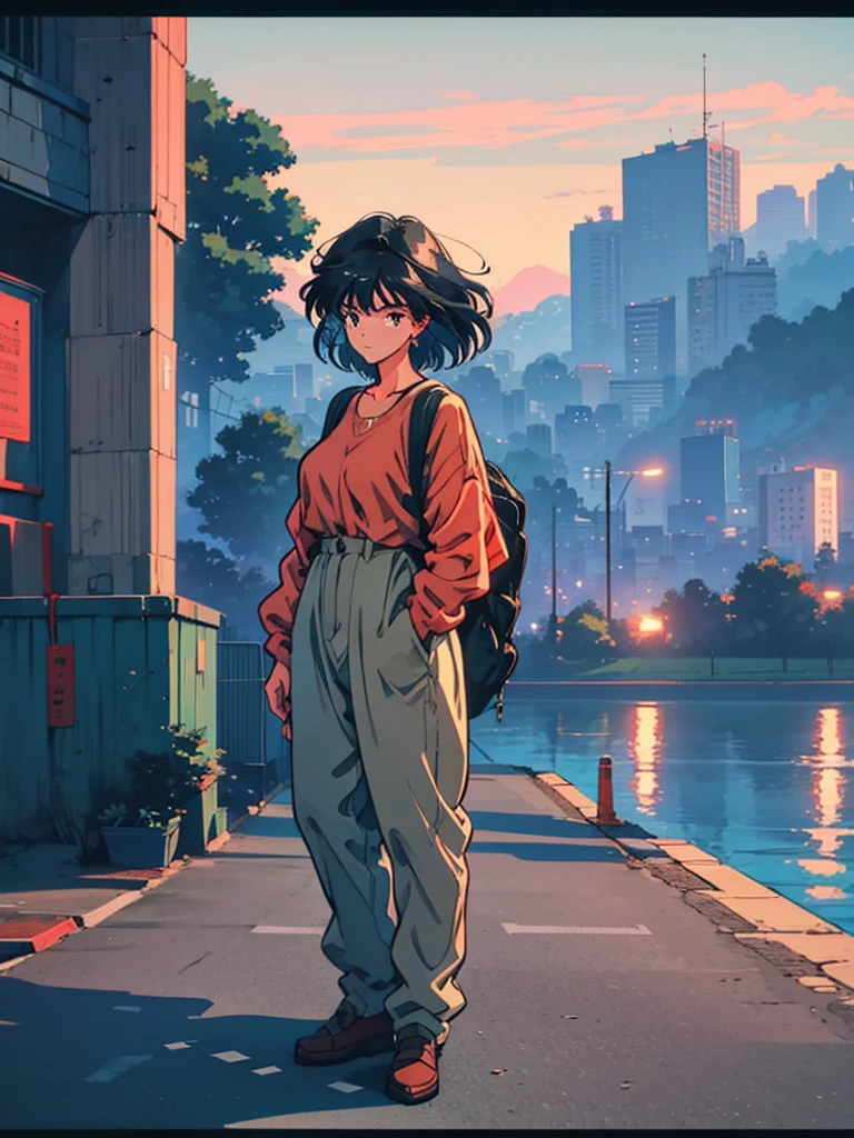 anime girl with backpack looking at city from grassy hill, makoto shinkai cyril rolando, makoto shinkai!, makoto shinkai art style, in style of makoto shinkai, makoto shinkai!!, makoto shinkai style, style of makoto shinkai, studio glibly makoto shinkai, ( ( makoto shinkai ) ),retro sunglasses, Hawaii, gta vice style , illustration , reteo comic illustration, (((full body)))