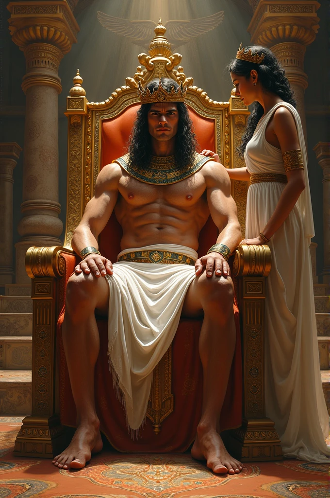 A young man sitting on the throne with crown while cleopatra is standing beside