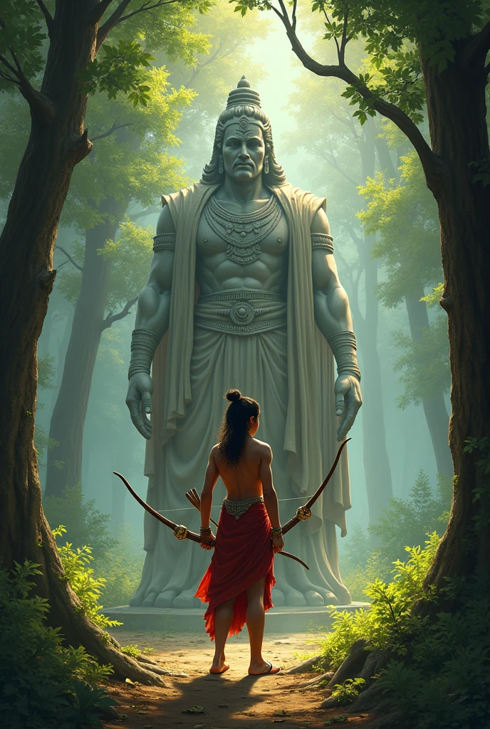 A mythologies character young king ekalavya standing in a forest with bow and arrow with fit body infront of statue of guru Dhronacharya