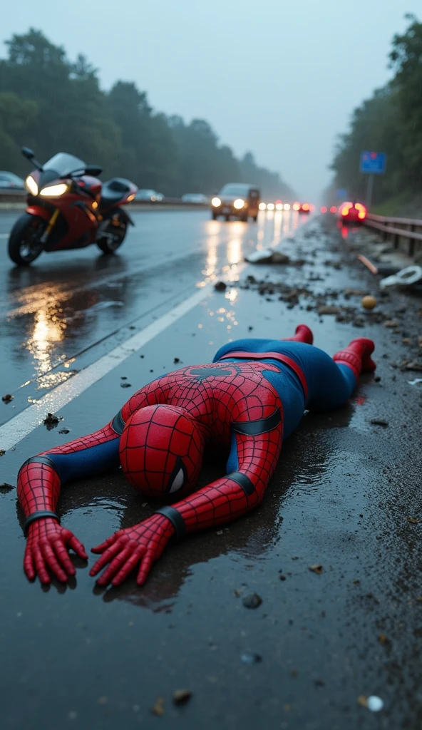 It appears to be an image of Spider-Man lying on the ground next to a crashed motorcycle in the middle of a highway. The scene seems to depict a moment after an accident, with debris scattered across the road and traffic in the background. The setting looks dramatic, with overcast skies and a wet road, adding to the intensity of the scene.