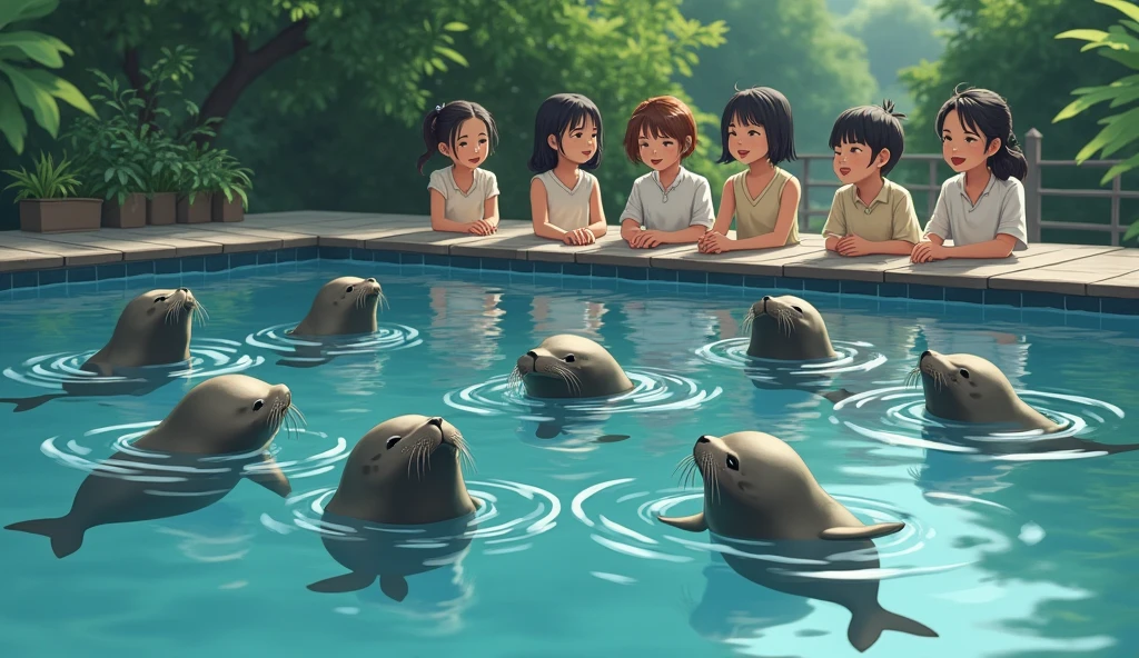 Digital Art、There are five seals in the pool、Five seals are swimming happily、Five Japanese people are very happy to see five seals.、Side view、Photorealistic、high resolution