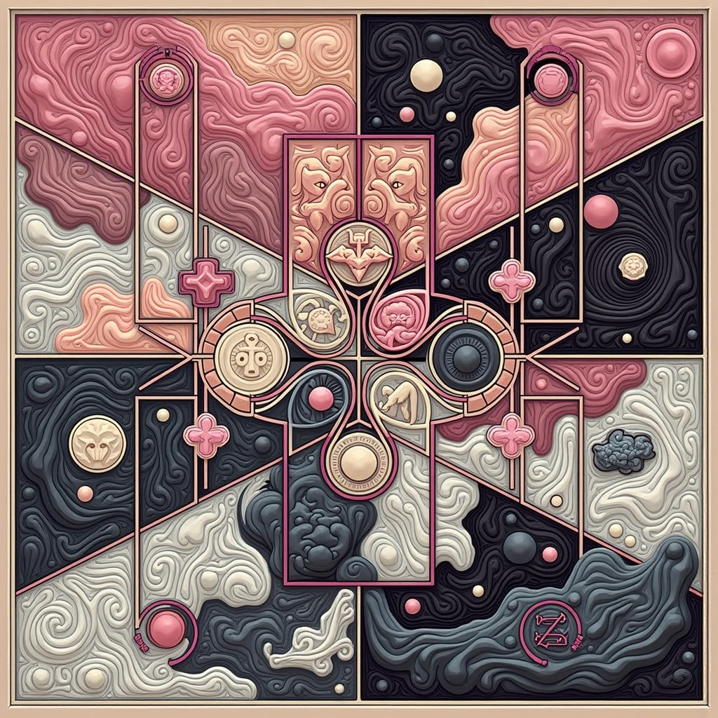 the virtues of a god symbolized as an abstract painting. ((desire, fulfillment,pride,cruelty)),((pink,black,pale grey)),((deep wiew)),photographic,ultra high resolution,hyperdetailed, masterpiece, 3d modelling, digital art, abstract art.