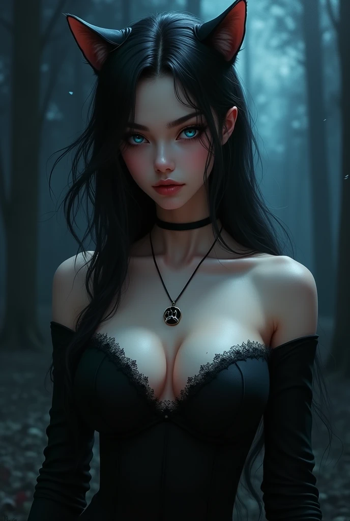 Cat girl. Black. Blue eyes. Black top. Night background. Cat foot necklace. Big breasts.