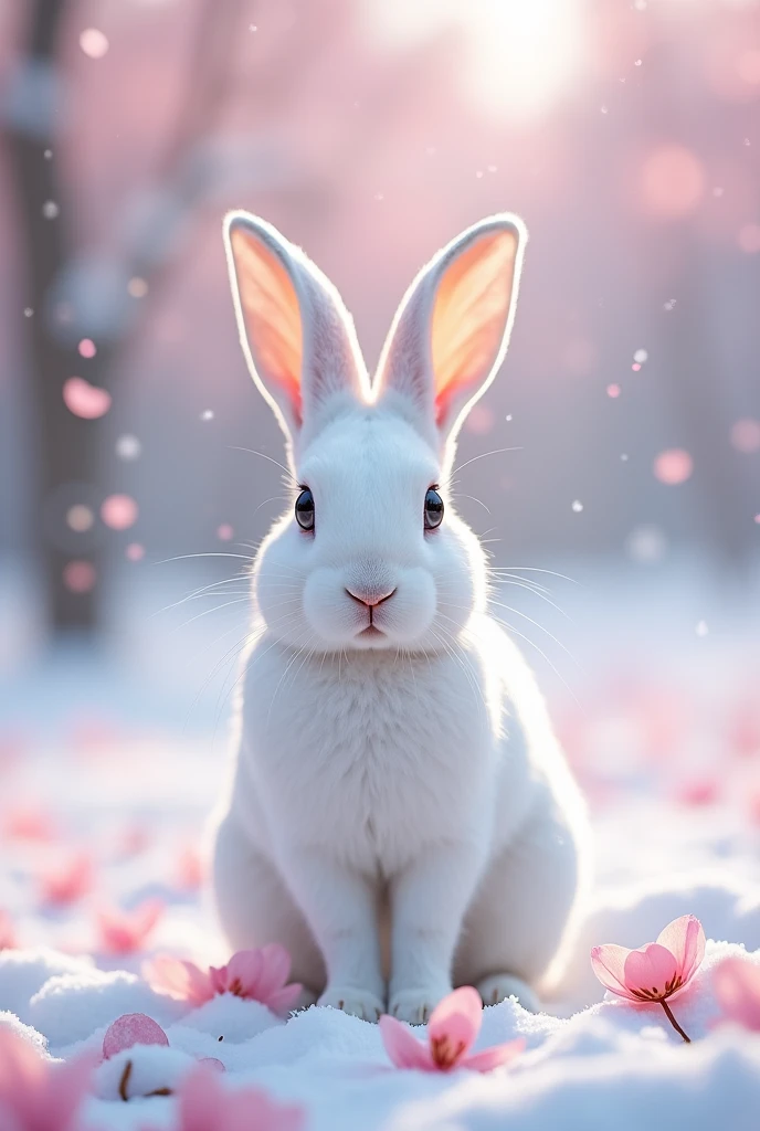 Ultra-realism、masterpiece、Highest quality、Film Grain、Spectacular views、White Rabbit、Snow rabbit staring at the viewer、Snow like cherry blossom petals、Pale pink scenery、Snow Scene、Cherry blossom blizzard、