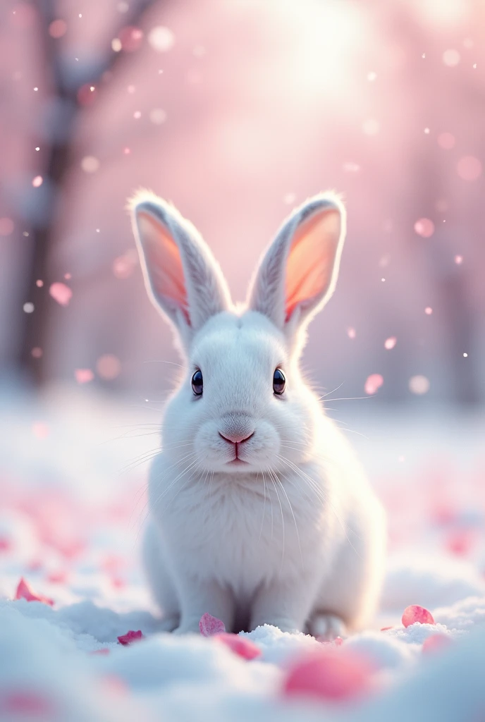 Ultra-realism、masterpiece、Highest quality、Film Grain、Spectacular views、White Rabbit、Snow rabbit staring at the viewer、Snow like cherry blossom petals、Pale pink scenery、Snow Scene、Cherry blossom blizzard、