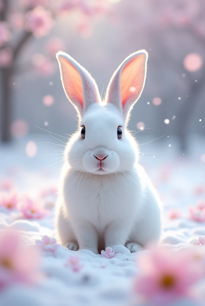 Ultra-realism、masterpiece、Highest quality、Film Grain、Spectacular views、White Rabbit、Snow rabbit staring at the viewer、Snow like cherry blossom petals、Pale pink scenery、Snow Scene、Cherry blossom blizzard、