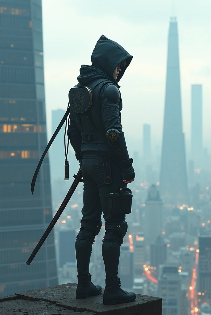 1boy,stand on futuristic building,wind symbol on katana on hips with over,hoodie vest,carbon fiber on knees and elbow,