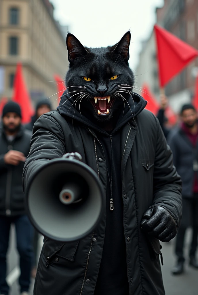 black cat-faced man participates in protest. standing in the street appears to be holding a loudspeaker. His face is very expressive, displaying an intense, fierce, and aggressive look, with sharp eyes, bared fangs, and a snarling expression demanding justice. The background includes urban elements such as buildings and other protest signs, which add intensity to the scene. The atmosphere is tense, with a mix of realism and surrealism.