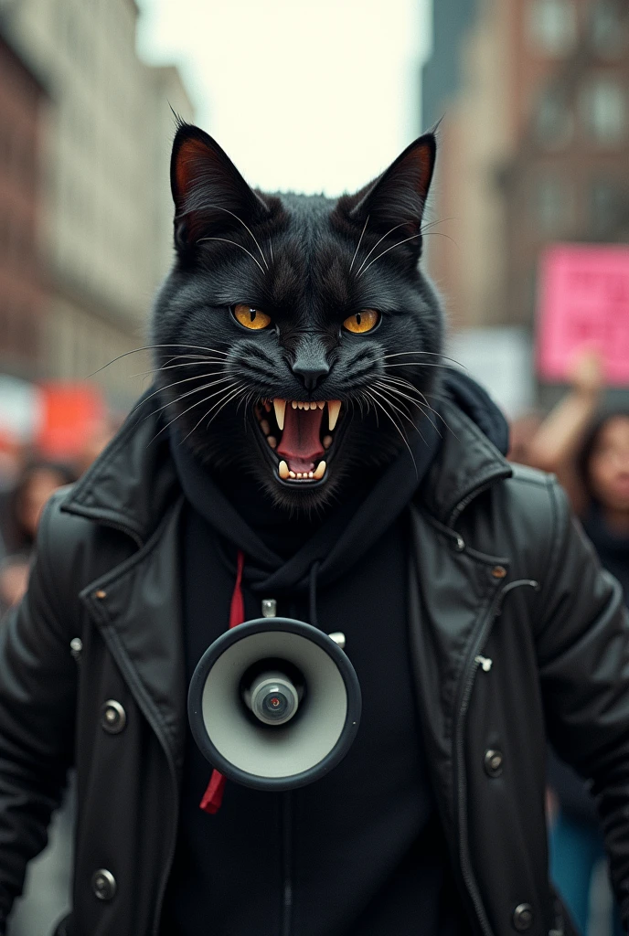 black cat-faced man participates in protest. standing in the street appears to be holding a loudspeaker. His face is very expressive, displaying an intense, fierce, and aggressive look, with sharp eyes, bared fangs, and a snarling expression demanding justice. The background includes urban elements such as buildings and other protest signs, which add intensity to the scene. The atmosphere is tense, with a mix of realism and surrealism.