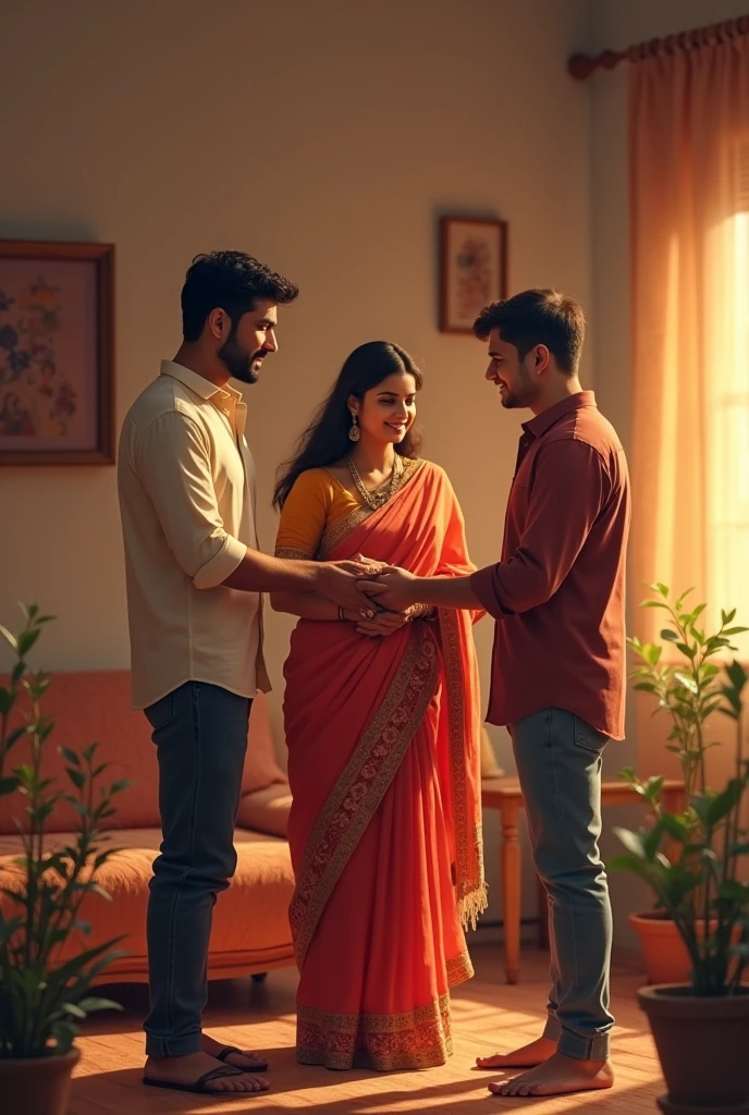 
In a warmly decorated indoor setting, there are three people: two male friends and an Indian wife. The wife, dressed in traditional attire like a saree or salwar kameez, is standing between the two men. One of the male friends is holding her hand in a supportive or affectionate gesture, while the other male friend stands nearby, perhaps looking on with a concerned or reassuring expression. The scene conveys a sense of camaraderie and support, with the background featuring cozy, inviting elements typical of an Indian home, such as decorative textiles or cultural artifacts.