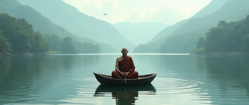 old monk on a small boat to the middle of a serene lake