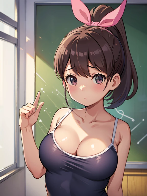 Shooting in the classroom,Show the whole body(Mastepiece,1, alone,,***********************) (Kodama Fumika)ponytail,Pink ribbon,Big Breasts,Cleavage,Cleavageを見せる,Navy blue school swimsuit