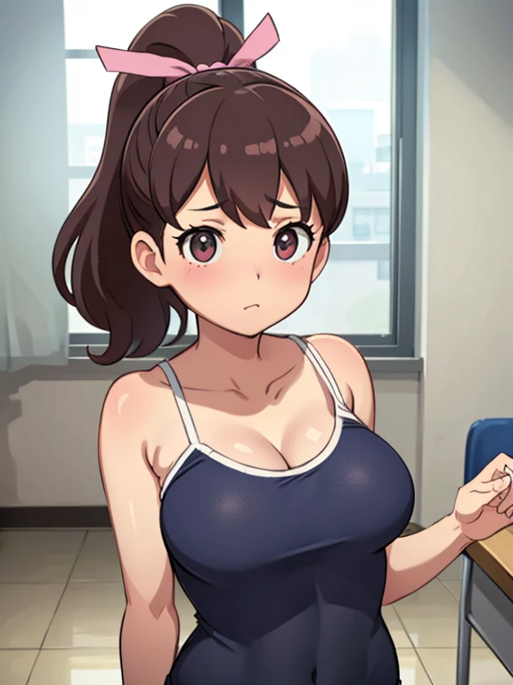 Shooting in the classroom,Show the whole body(Mastepiece,1, alone,,) (Kodama Fumika)ponytail,Pink ribbon,Big Breasts,Cleavage,Cleavageを見せる,Navy blue school swimsuit