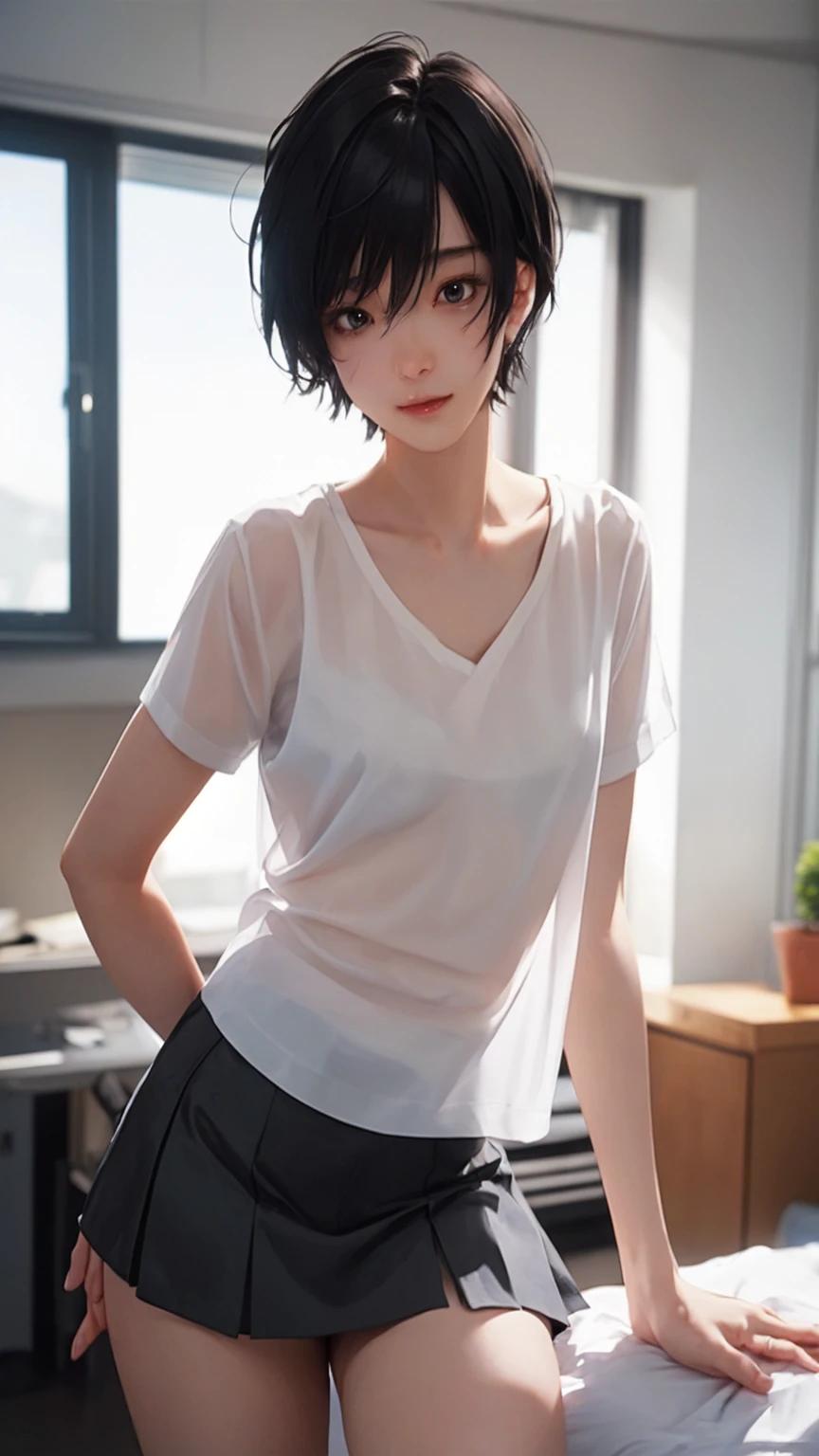 Anime - Stylish woman in a white shirt and black skirt posing for a photo, estilo アニメ 3 d realista, アニメ. soft lighting, with short hair, arte cg de アニメ suave, Ilya Kuvshinov. 4K, makoto shinkai. digital rendering, non-style artwork by guweiz, estilo de realismo de アニメ, アニメ fotorrealista