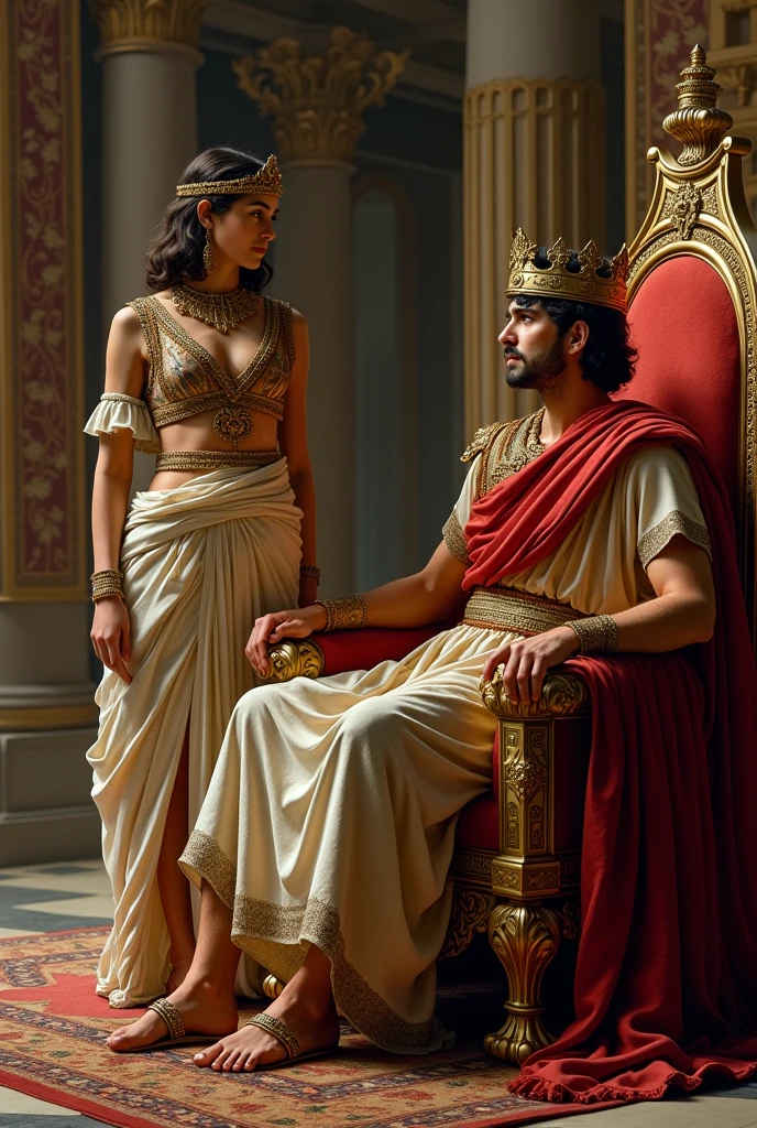 A young roman sitting on the throne with crown while cleopatra is standing beside