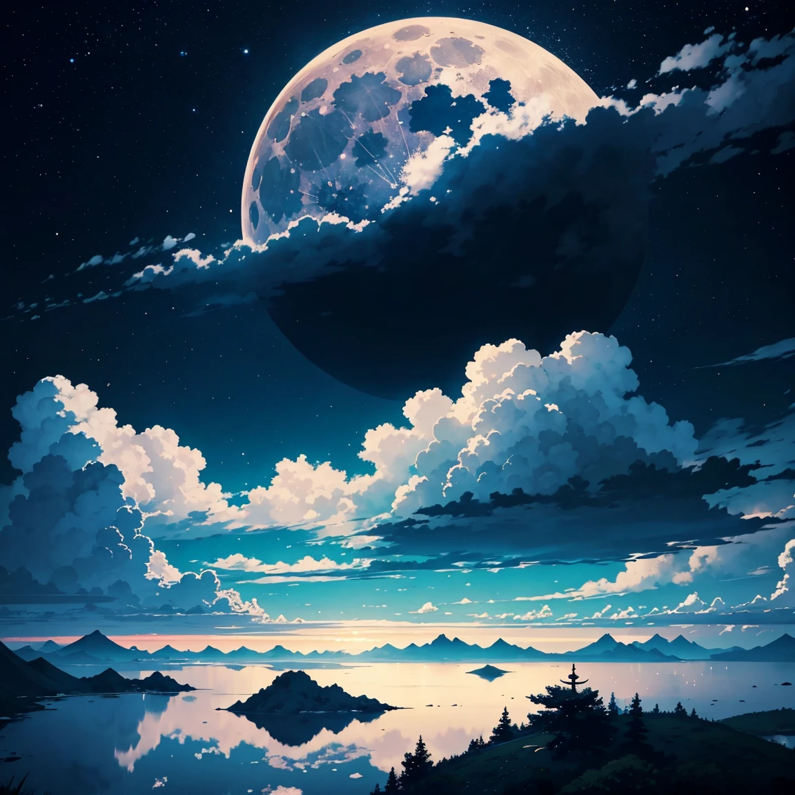 Create an illustration with a serene night sky featuring a bright full moon and black clouds. The clouds should have a traditional Japanese or Chinese style, with intricate patterns and curves. The scene should capture the moment when the clouds are parting, revealing more of the moon and stars, symbolizing the clouds clearing away. The overall atmosphere should be calm and mystical, with the clouds appearing to slowly dissipate. No one exists.