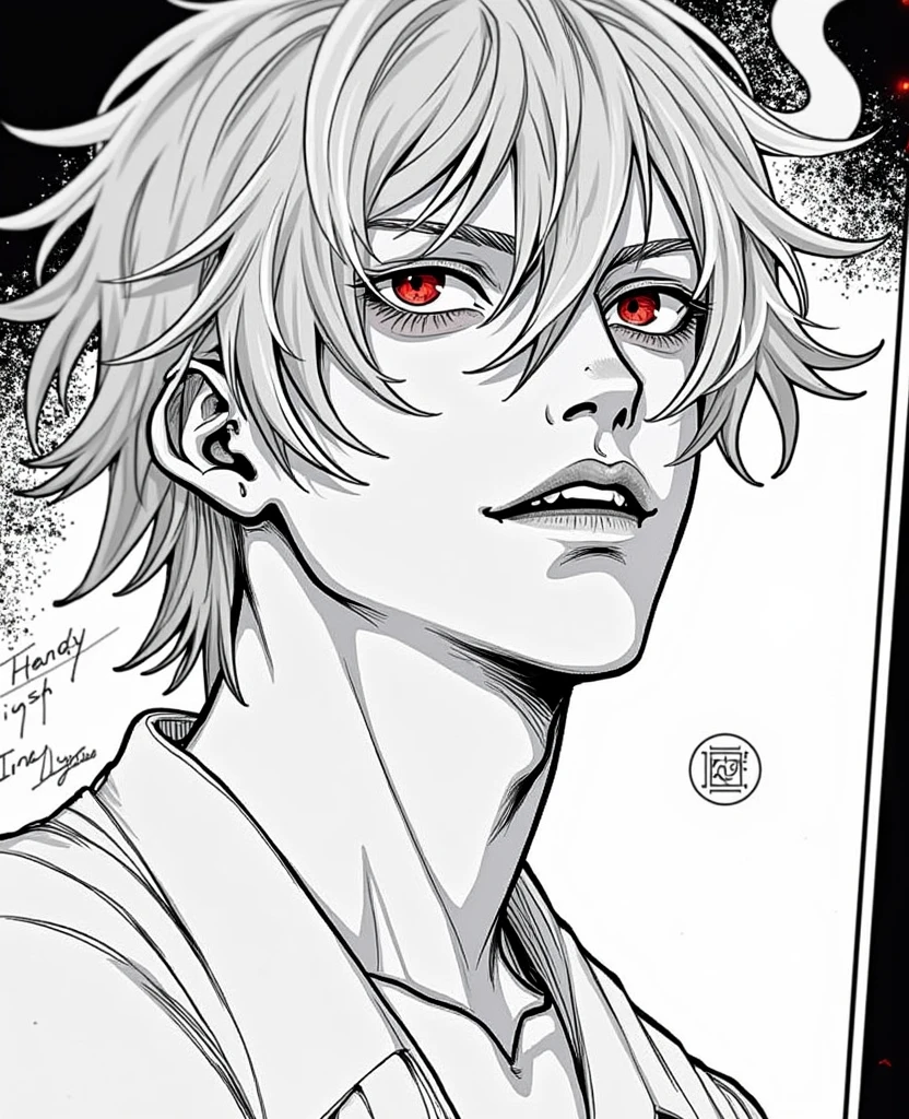 Attractive demon boy with black shorts hair and red eyes with tail
