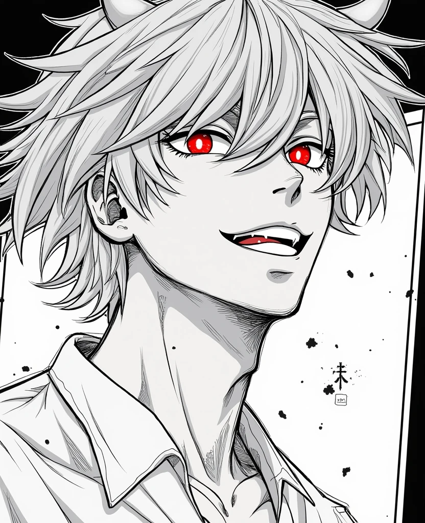 Attractive demon boy with black shorts hair and red eyes with tail