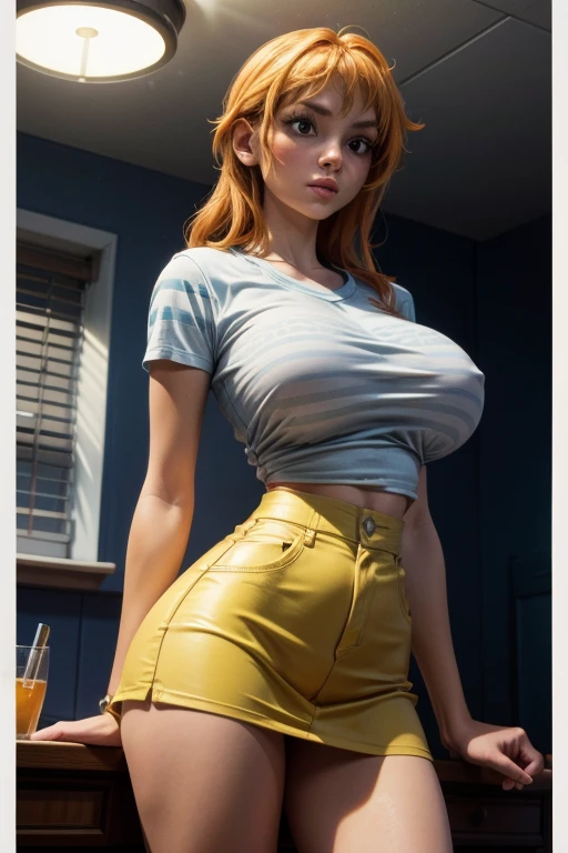 US, (best qualityer), (8k_wallpaper), (great lighting), Beautiful girl, hair orange, very big breasts, body skinny, white and blue striped t-shirt, yellow mini skirt, (cinematographic), (detaileds)