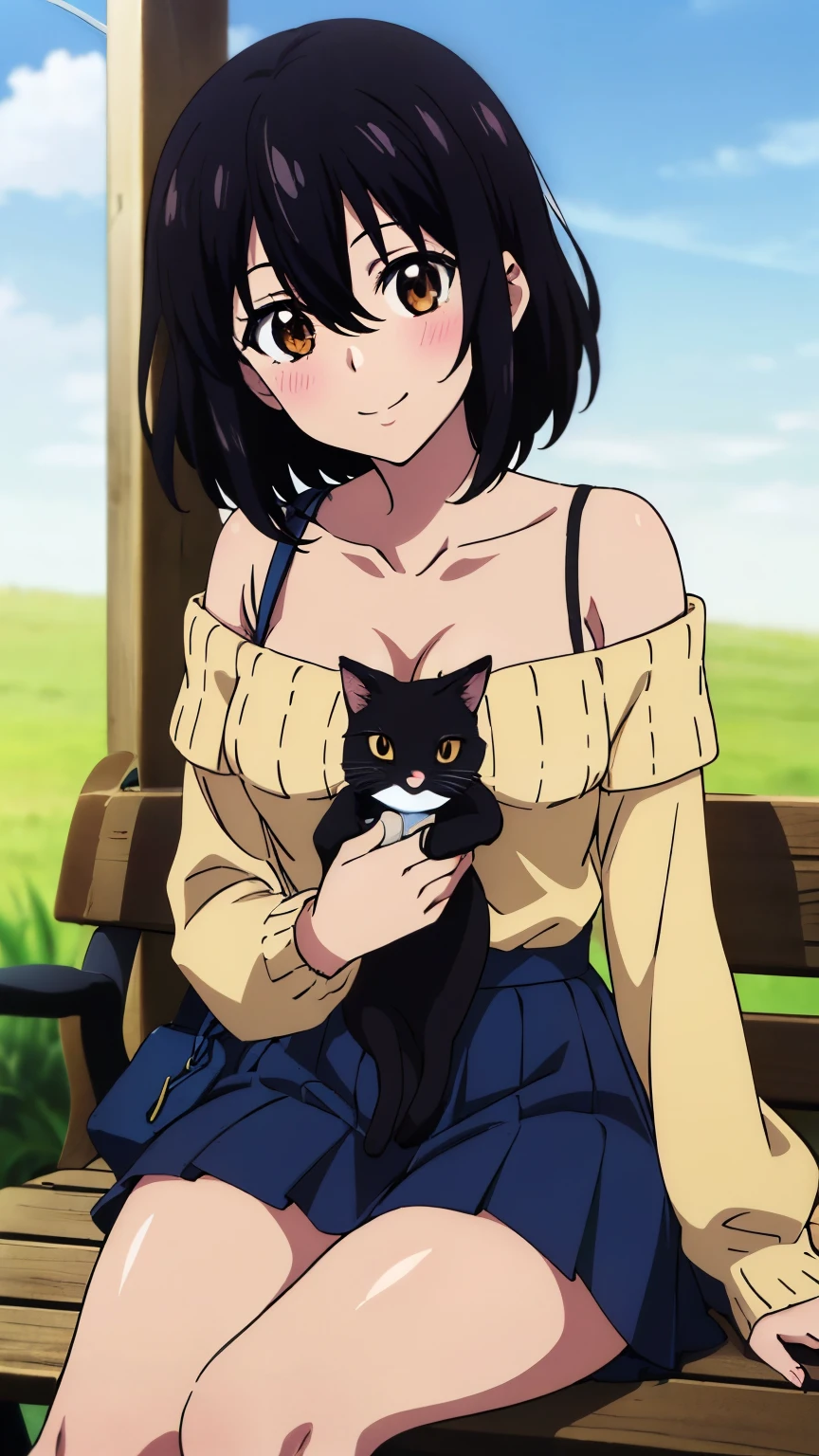 (highest quality, 8k, High resolution, masterpiece:1.2), Anime art style, Hyper Detail, himeragi yukina, Brown eye, Black Hair, Hair between the eyes, Medium Hair, 1 girl, Perfect Face, eye_Light_big,Small medium breast, Soft impression, alone, (long sleeve off-shoulder light yellow sweater, black halterneck camisole, (hand bag, shoulder strap), black pleated mini skirt, Ice cream, A woman holding a cat in her arms, sitting on a bench in the park, smiling, blushing), Cowboy Shot, dutch angle, looking at viewer,