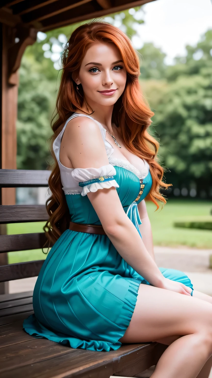 Realistic full body photo of a smiling redhead with long hair, She dances in front of the camera in a blue dirndl, Park,glamour fotoshooting, Wedding celebration, perfect anatomy, perfect green eyes. Perfect hands with 5 fingers on each hand, Matching girl, look into the camera, 1 Frau. (Eye make up:1.1), (highly detailed skin:1.1), spirit, analog style, keen focus, 8K UHD, dslr, good quality, Fujifilm XT3, Grain, Award-winning, masterpiece. Wedding celebration. She sits on a bench and shows her beautiful legs. Beautiful shoes