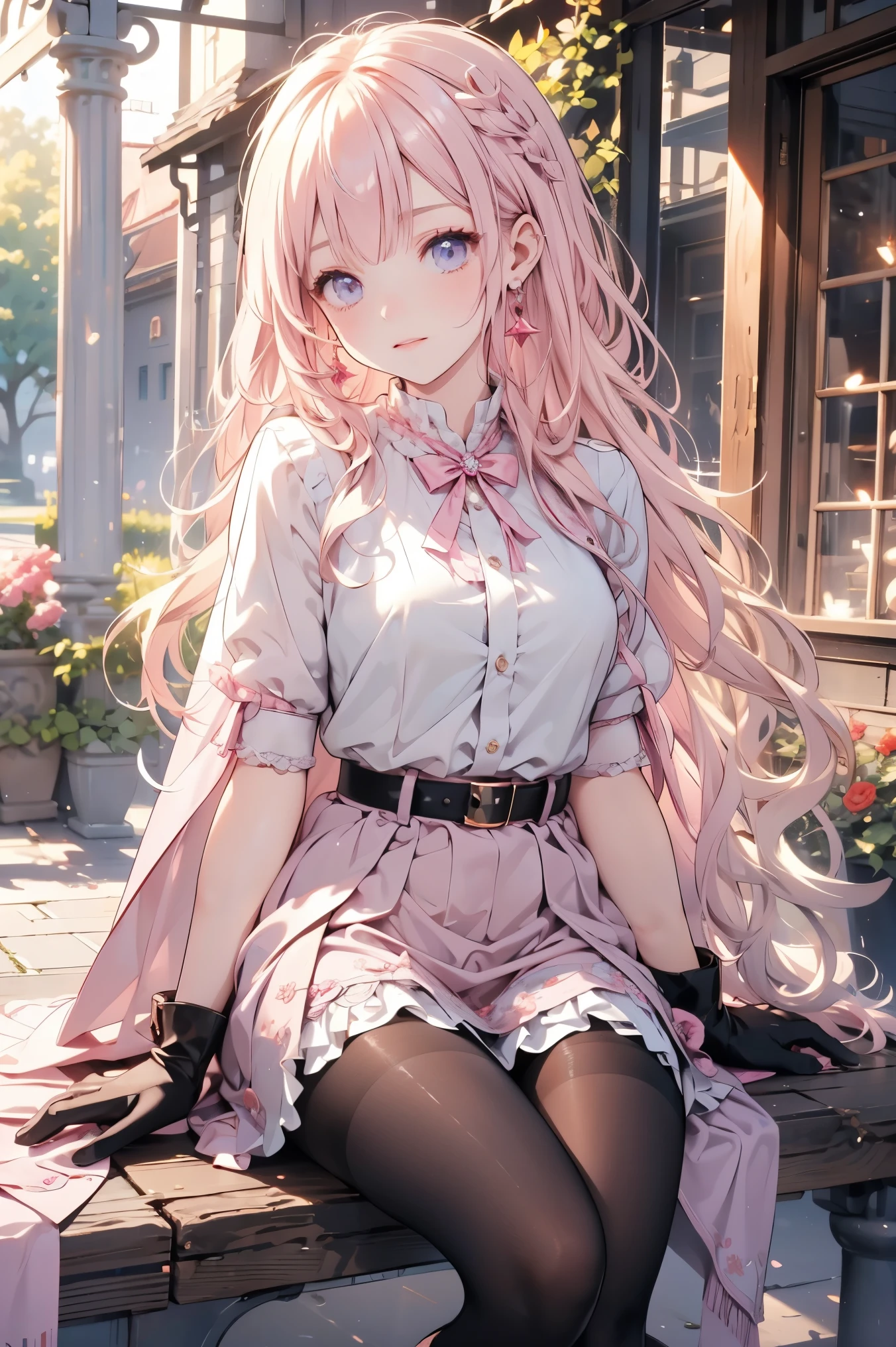 water，wet，masterpiece,best quality,high resolution,Extremely detailed,Elena,have,Long hair,curls,Pink Eyes,earrings,cape,dress,Short sleeve,Gloves,belt,skirt,Black pantyhose,boots,Wind lift,blush,(Make it embarrassing:1.2),outdoor,garden,