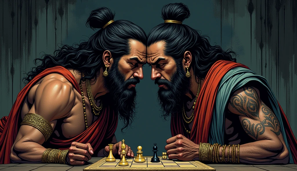 "An intense scene showing Shakuni and Duryodhana in close conversation, with Shakuni depicted as a cunning and manipulative figure, whispering into Duryodhana's ear. The background features a dimly lit royal chamber with shadows cast on the walls, symbolizing the growing darkness and deception. Subtle elements, like the chessboard or dice, are present, representing Shakuni’s strategy and manipulation. The expression on Duryodhana’s face is one of determination, slowly being influenced by Shakuni’s words. The overall tone is ominous, hinting at the impending conflict and destruction of the Kuru dynasty in comic style