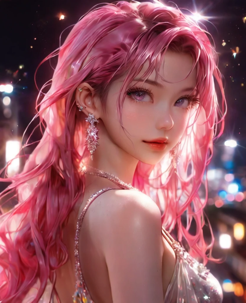 8K,an extremely delicate and beautiful,Beautiful and realistic skin,Shiny jewel-like earrings,Bedhead,like glitter pink hair,beautiful eyes,camisole,short shots,asian cute girl,full body,night city