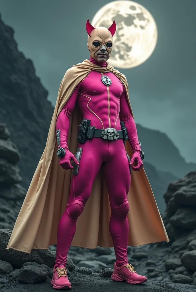high-tech suit, vivid effects, malaysian superhero (KELUANG MAN) in a striking pink and beige costume cyberpunk design, mask small mini bat ear beige, daredevil biage mask, jumpsuit dark pink stands confidently in a dramatic, stormy landscape. ((Head covered node guard))The character wears domino
mask a helmet with pointed ears and a flowing cape biege, open nose and mouth. Equipped with visible futuristic weapons on a belt, dark day, dark night, big supermoon effect .logo on chest triangle shape small punisher logo center triangle cyber logo center on chest pink logo . rocky, adding to --ar 3:4 --style raw --stylize 500 --v 6.1