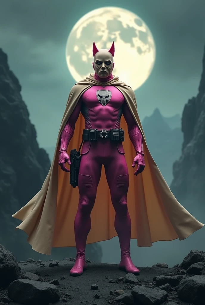 high-tech suit, vivid effects, malaysian superhero (KELUANG MAN) in a striking pink and beige costume cyberpunk design, mask small mini bat ear beige, daredevil biage mask, jumpsuit dark pink stands confidently in a dramatic, stormy landscape. ((Head covered node guard))The character wears domino
mask a helmet with pointed ears and a flowing cape biege, open nose and mouth. Equipped with visible futuristic weapons on a belt, dark day, dark night, big supermoon effect .logo on chest triangle shape small punisher logo center triangle cyber logo center on chest pink logo . rocky, adding to --ar 3:4 --style raw --stylize 500 --v 6.1