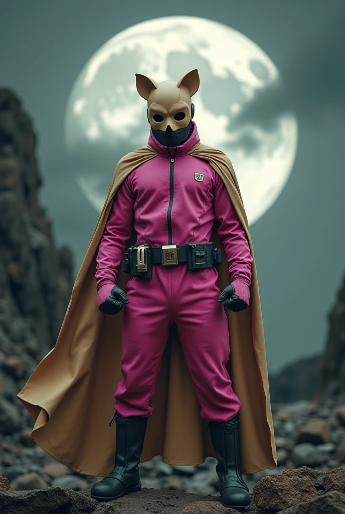 high-tech suit, vivid effects, malaysian superhero (KELUANG MAN) in a striking pink and beige costume cyberpunk design, mask small mini bat ear beige, daredevil biage mask, jumpsuit dark pink stands confidently in a dramatic, stormy landscape. ((Head covered node guard))The character wears domino
mask a helmet with pointed ears and a flowing cape biege, open nose and mouth. Equipped with visible futuristic weapons on a belt, dark day, dark night, big supermoon effect .logo on chest triangle shape small punisher logo center triangle cyber logo center on chest pink logo . rocky, adding to --ar 3:4 --style raw --stylize 500 --v 6.1