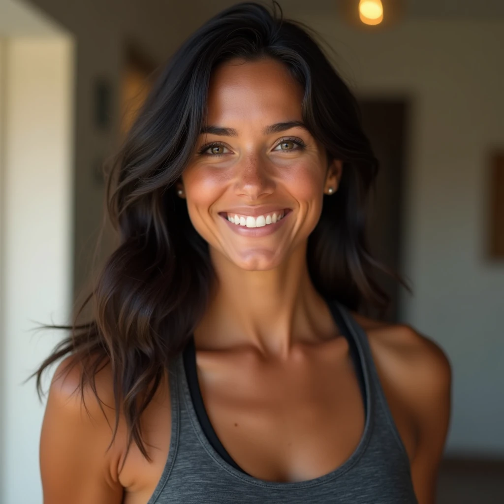 L'image représente une jeune femme à l'expression enjouée. Elle a la peau bronzée, les yeux marrons Cheveux noirs long et  légèrement ondulés, elle porte une tenue de sport, on voit son entierement son buste sur la photo
