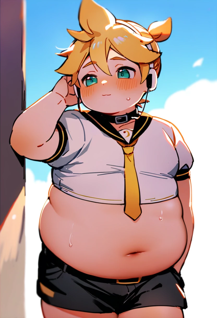 1 boy, (male child), , (Kagamine Len), cute, earphone, obese, over small crop top, collar tie, shorts, (chubby), (plump),( belly significantly hang over the waistband), ((huffing and puffing)),belly exposed, sweating, (full-face blushed), leaning on a wall, exhausted