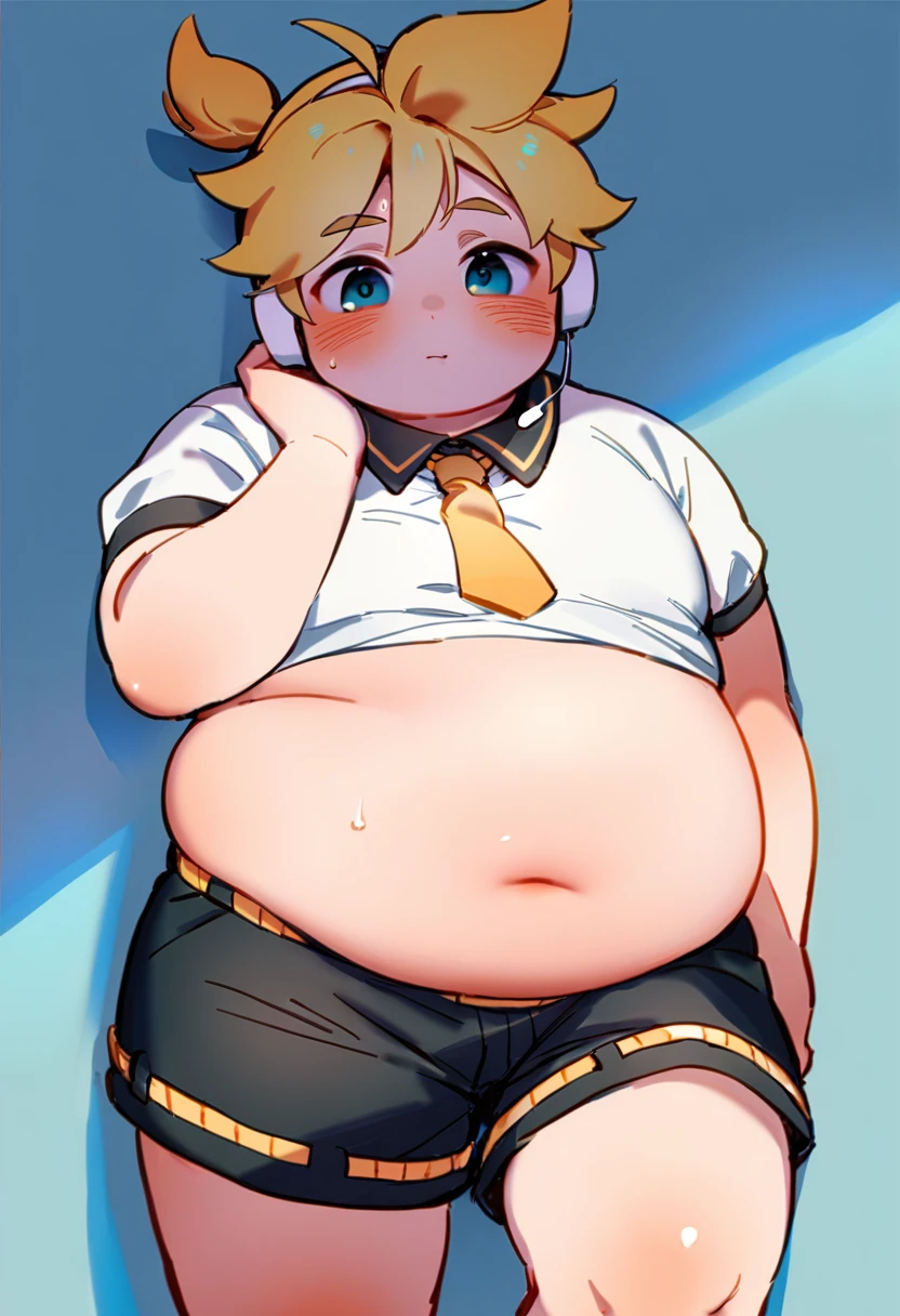 1 boy, (male ), , (Kagamine Len), cute, obese, fang, shirtless, shorts, (chubby), (plump),( belly significantly hang over the waistband), (belly fully exposed), shorts button popped, eating lots of snacks greedily, sitting on a sofa, full blushed, food on face