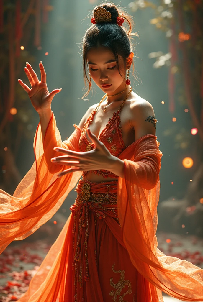 ((Best quality)), ((masterpiece)), (detail), exotic_dance,1girl,people dancing,only, dunhuang fabric,dunhuang style,dunhuang_bottom,dunhuang skirt, detailed hands, detailed skin, detailed light, detailed face, detailed trees, detailed 5-fingered hand, detailed fabric color, similar face file:///D:/C/Desktop/e%20duong/z5728321478468_c48a1434d8a229637008870c5a128975.jpg