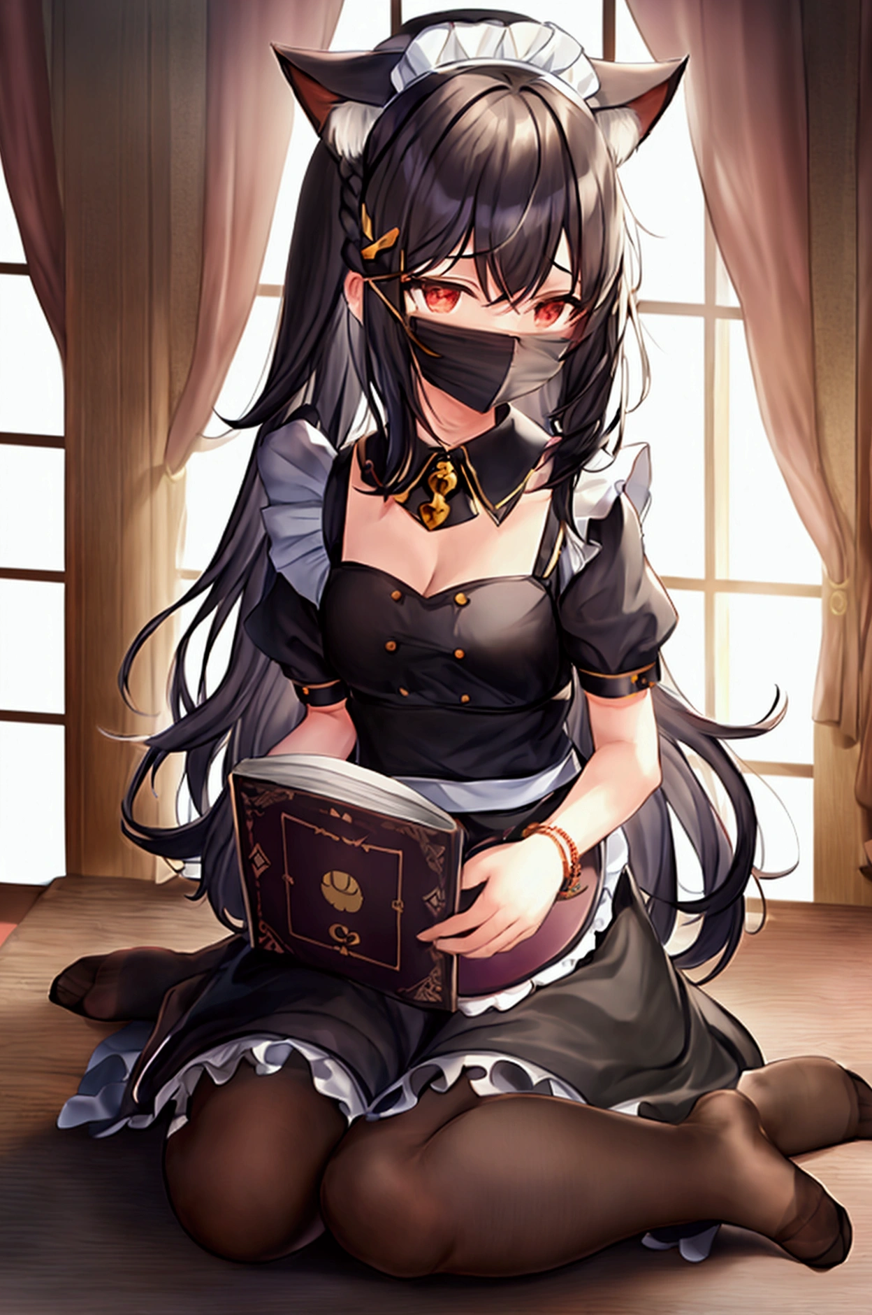  1girl, solo, long hair, black hair, dress, ribbon, holding, animal ears, jewelry, sitting, full body, short sleeves, pantyhose, indoors, cat ears, apron, bracelet, feet, book, black pantyhose, maid, maid headdress, toes, wariza, no shoes, soles, maid apron, holding book, on floor, covering face