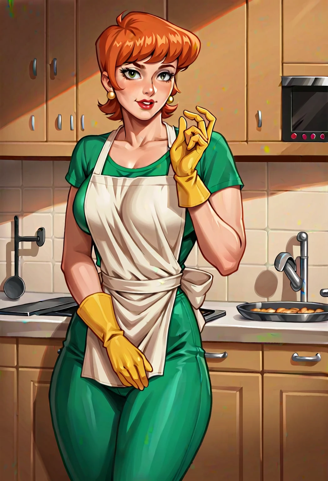Alone,A beautiful girl with short orange hair., green eyes, and earrings, Wear makeup and lipstick, yellow gloves, A green t-shirt, neckline ,and leggings pants, in a curvy cartoon style, Very detailed, masterpiece, Dexter's mom, kitchen,apron, sensual pose, realist,