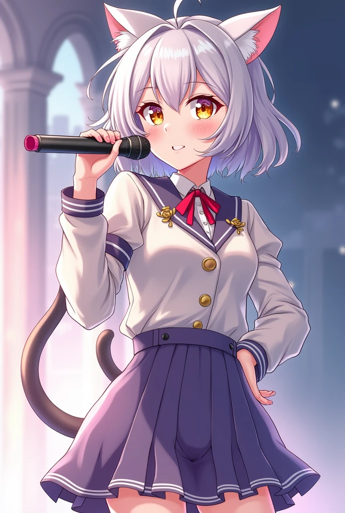 A magical girl with anime aesthetics who is an idol with medium hair silver colored slightly short and cat ears and tail., yellow eyes, wearing a short skirt and with a microphone in her hand singing

