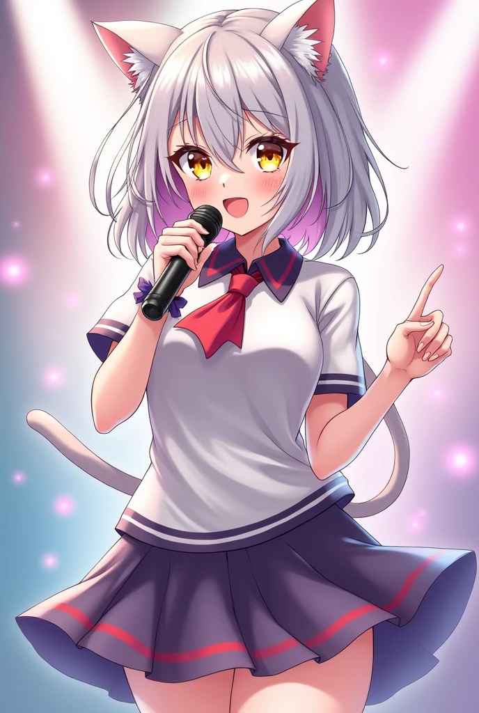 A magical girl with anime aesthetics who is an idol with medium hair silver colored slightly short and cat ears and tail., yellow eyes, wearing a short skirt and with a microphone in her hand singing